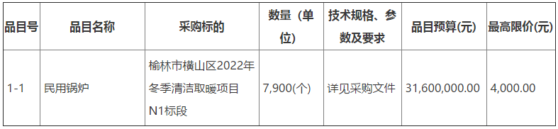 榆林市橫山區(qū)2022年冬季清潔取暖民用鍋爐197584(個)項目1