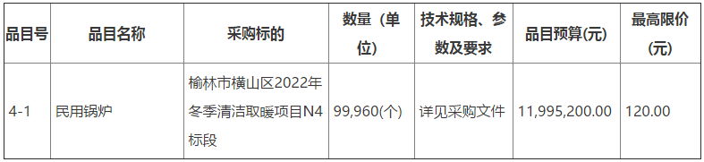 榆林市橫山區(qū)2022年冬季清潔取暖民用鍋爐197584(個)項目4