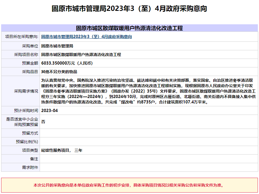 固原市城區(qū)散煤取暖用戶熱源清潔化改造工程